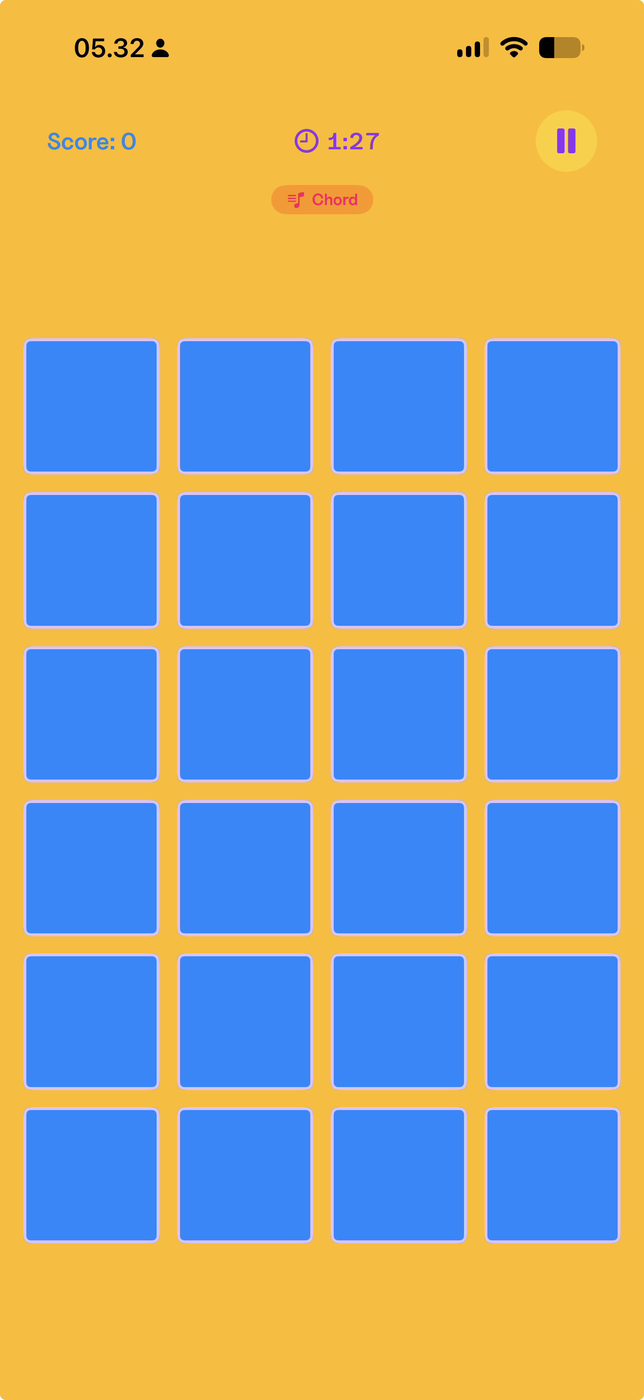 Melory Chord mode: a 4 by 6 grid of 24 face-down tiles, each holding a full chord, with 1 minute 27 seconds on the clock