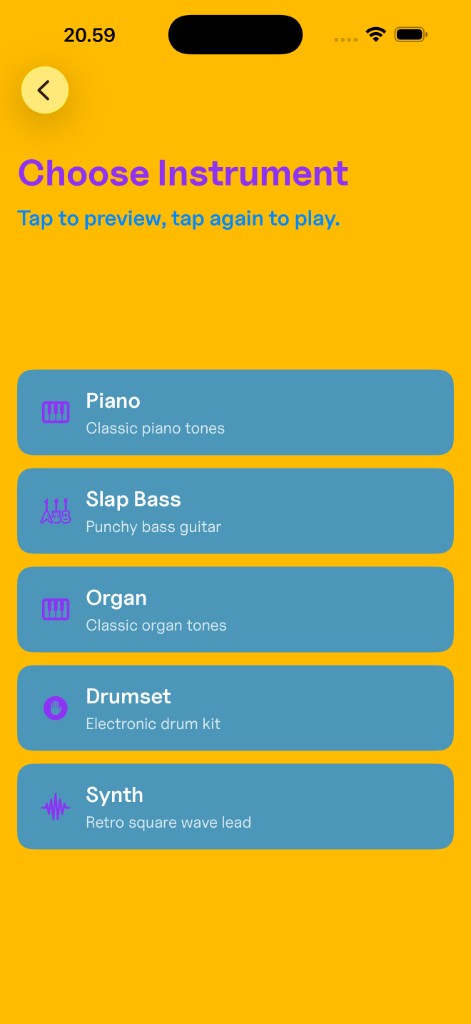 Melory instrument picker: Piano, Slap Bass, Organ, Drumset, and Synth