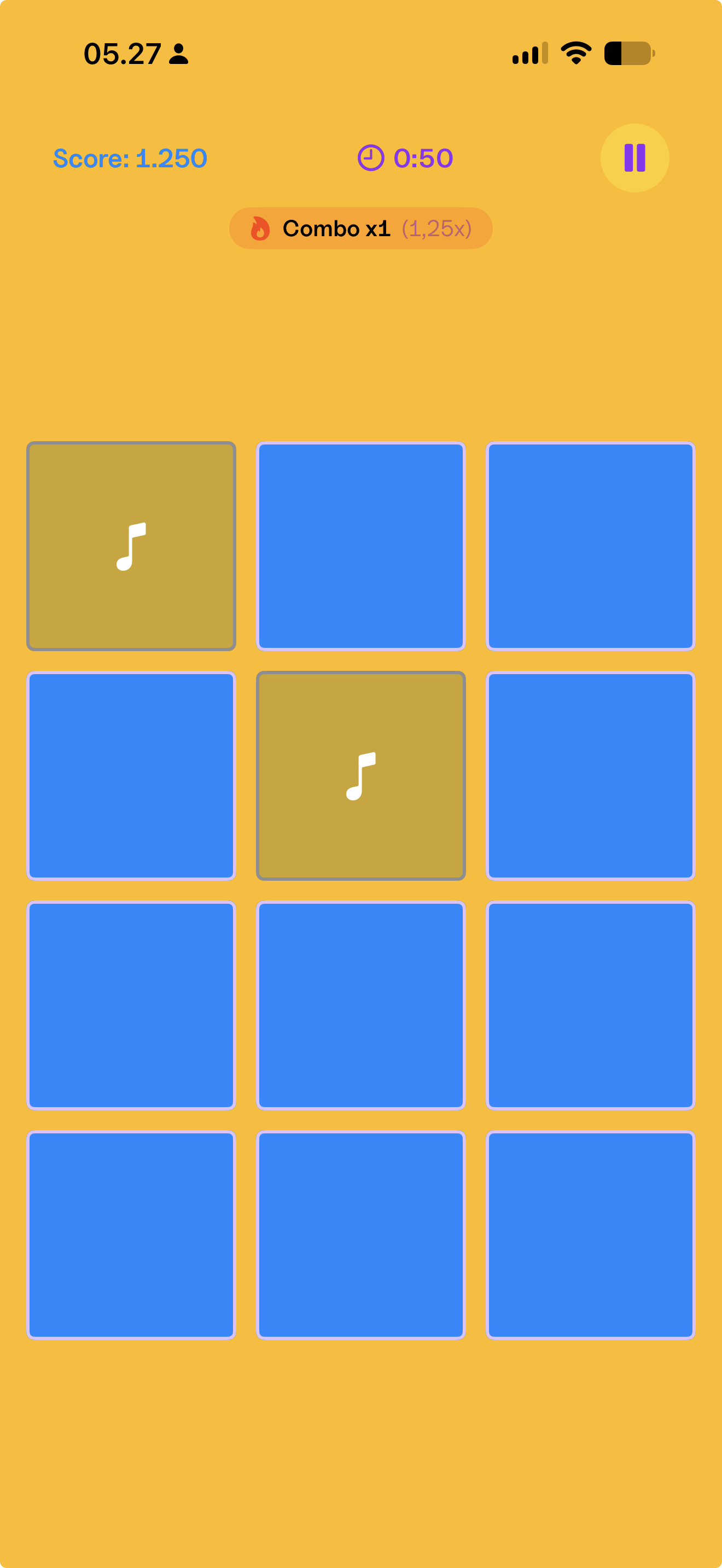 Melory Classic mode: a 3 by 4 grid of face-down tiles with two flipped to show notes, a combo counter, and 50 seconds left