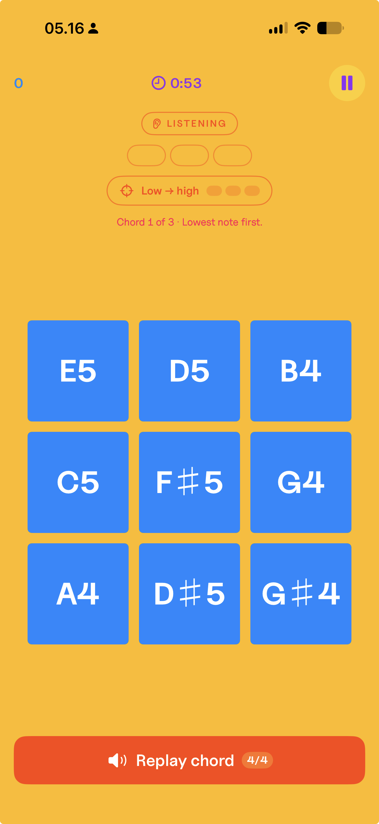 Melory HARDCHORD mode: chord 1 of 3 playing above a grid of note tiles, answered lowest note first