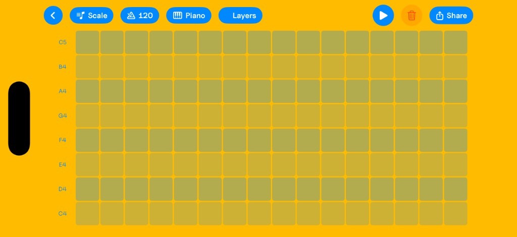 Melory Melody mode: step sequencer with piano rows, scale and tempo controls, and layer tools