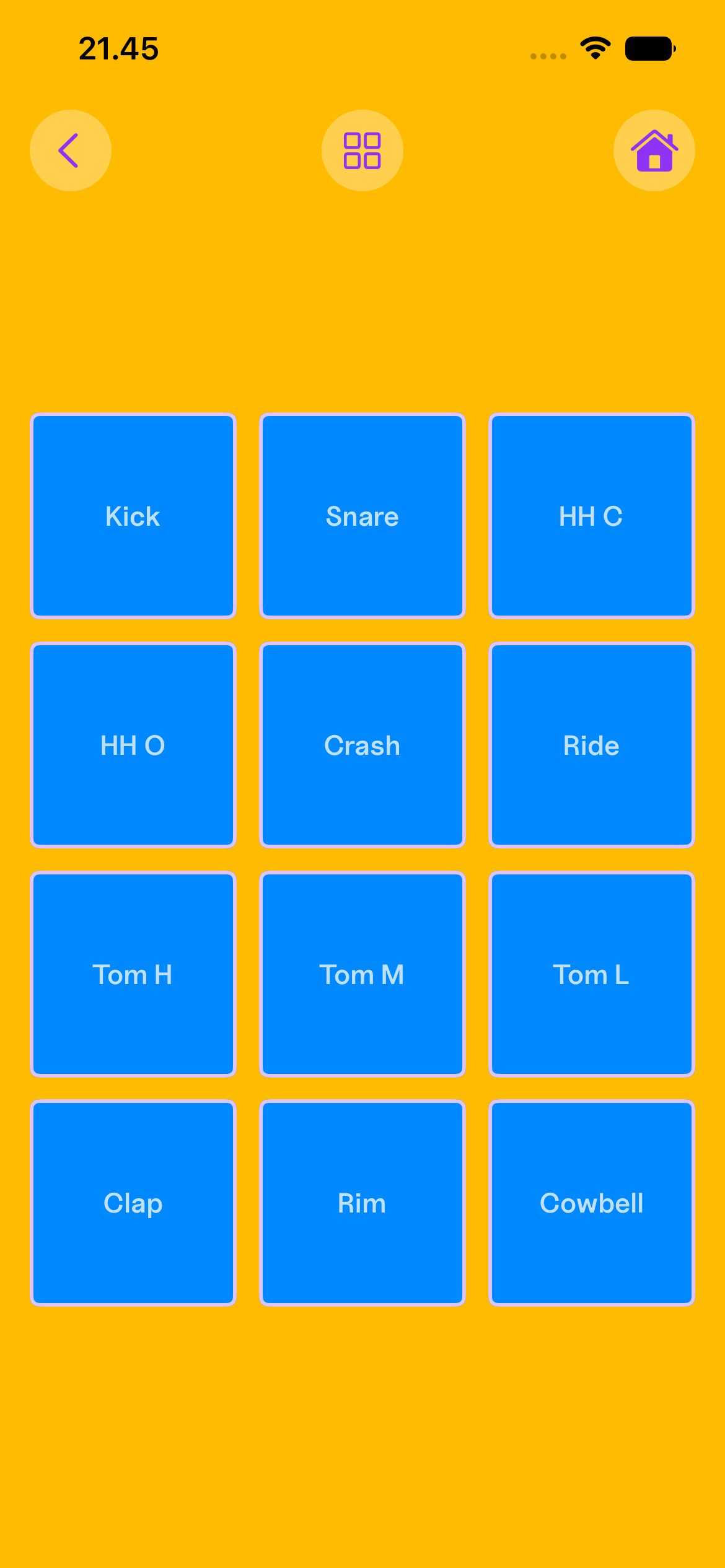 Melory Play mode with a drumset: the same grid labeled Kick, Snare, Crash, Ride, and toms