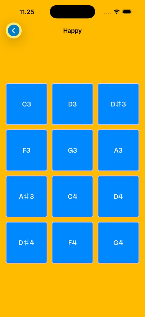 Melory Play mode: a 3 by 4 grid of note-labeled tiles on a yellow background