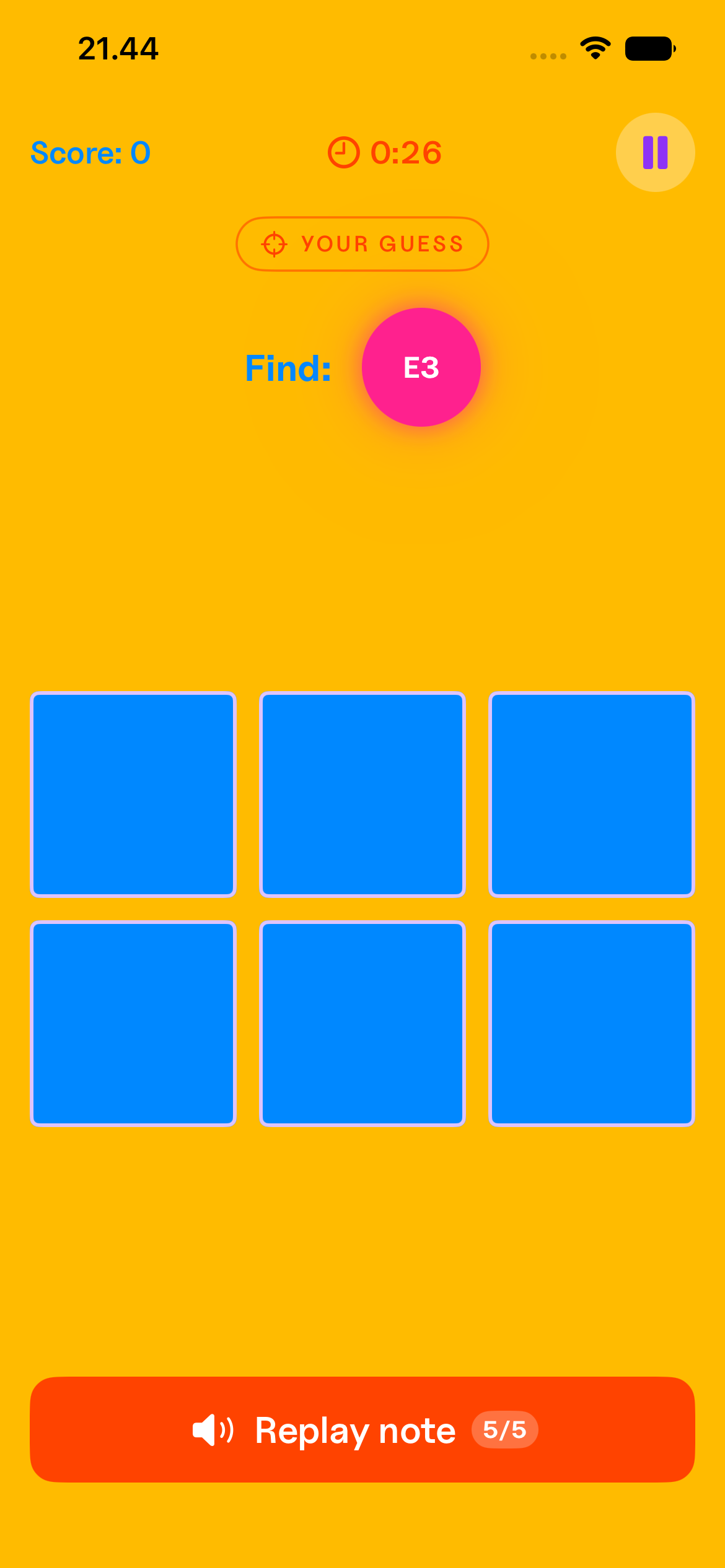 Melory Sniper mode: the target note E3 above a grid of face-down tiles, with 5 replays left