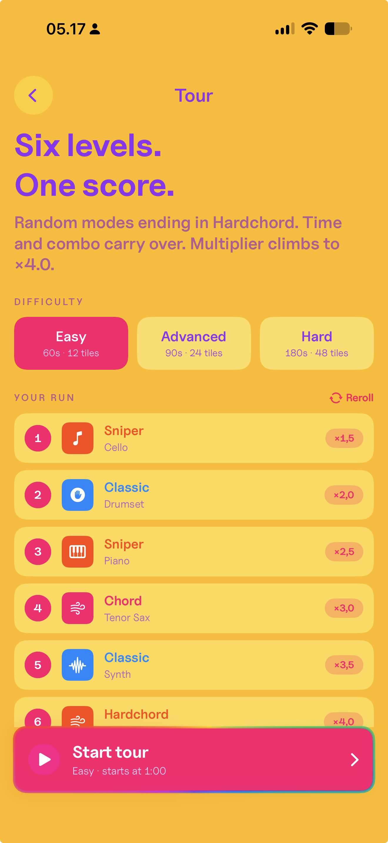 Melory Tour mode setup: six numbered levels, each with its own mode and instrument, and a multiplier climbing from 1.5x to 4.0x